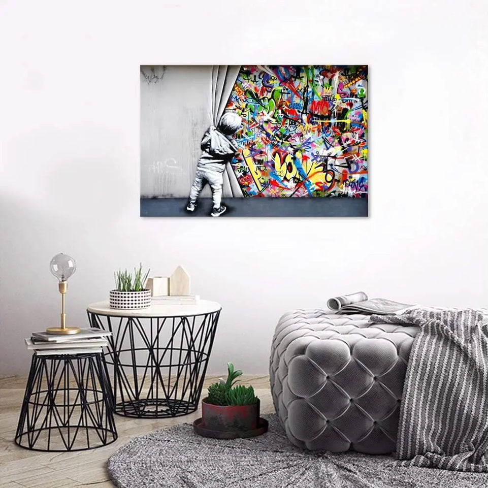 Yatsen Bridge Classic Street Art Banksy Graffiti Wall Art Behind The Curtain Posters Canvas Paintings Colorful Graffiti Pictures Prints Framed for Living Room Home Decor(36''W x 24''H) https://www.amazon.com/dp/B07ZVHB9FP