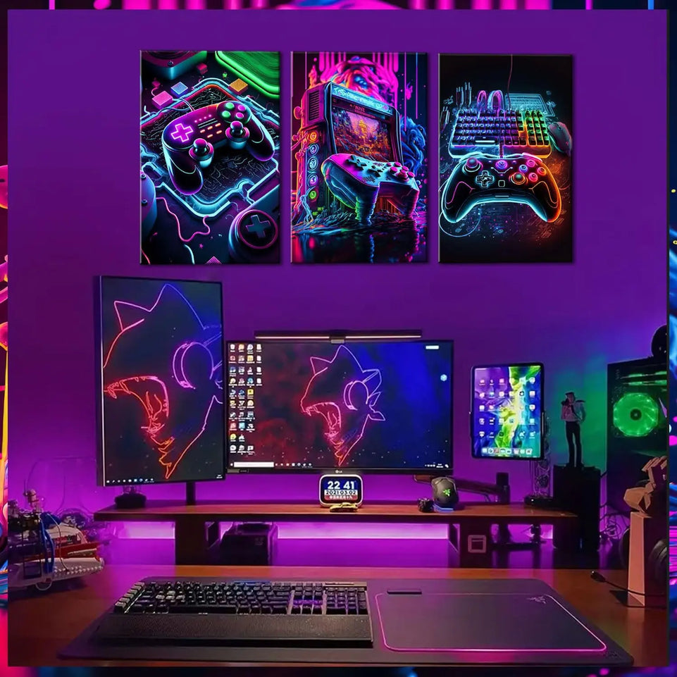 3pcs Game Room Decor Neon Gaming Posters Wall Art Gamer Accessories Theme Canvas Print Game Console Painting Picture for Children Youth Game Boys Bedroom Teen Wall Decor Unframed 12"x16"x3 https://www.amazon.com/dp/B0CPCHHKQD