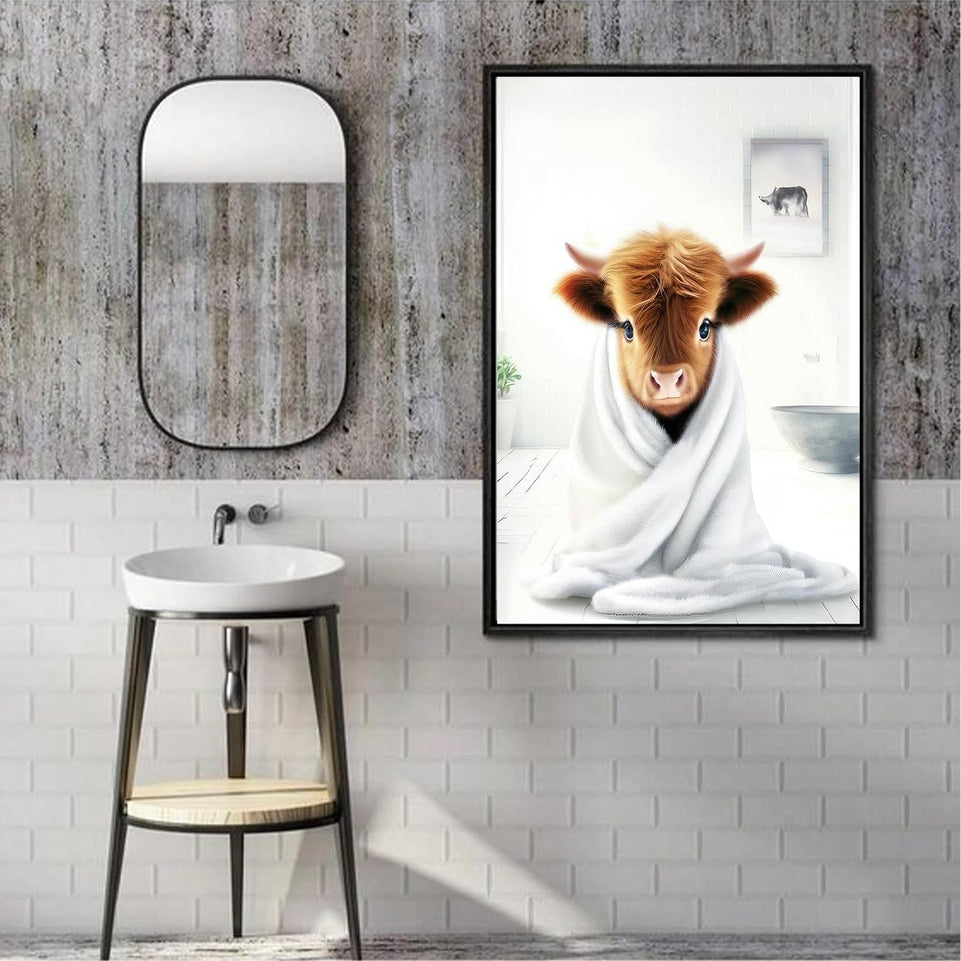 TWNSLLA Highland Cow Funny Bathroom Decor Wall Art,Bathroom Highland Cow Art Prints,Rustic Farmhouse Bathroom Wall Decor,Funny Bathroom Signs Animal Canvas Wall Art,UNFRAMED,8x10inchx4pcs https://www.amazon.com/dp/B0D2CRRJBZ