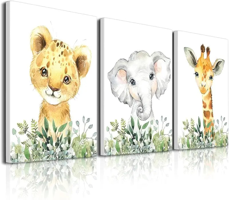 Baby Safari Nursery Wall Decor - Set of 3 Pictures Cute Animal Wall Prints on Canvas Jungle Nursery Safari Decor gifts for Baby Boys and Girls Room, Framed Wall Art (12 x16inch) https://www.amazon.com/dp/B0CLW97SF5
