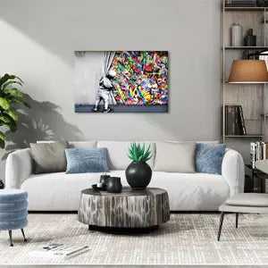 Yatsen Bridge Classic Street Art Banksy Graffiti Wall Art Behind The Curtain Posters Canvas Paintings Colorful Graffiti Pictures Prints Framed for Living Room Home Decor(36''W x 24''H) https://www.amazon.com/dp/B07ZVHB9FP