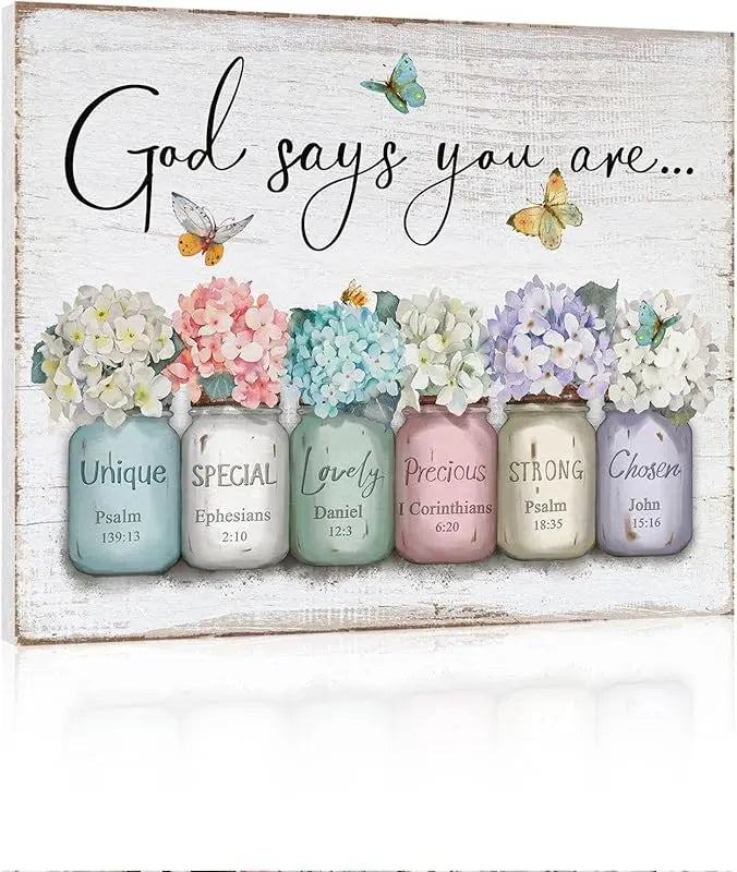 Inspirational Bible Verse Wall Art: God Says You Are Wall Sayings Flowers in Mason Jar Picture Print Christian Gift Quotes Poster for Women Girl Bedroom Decor 12" x 15" https://www.amazon.com/dp/B0C5R38HHX
