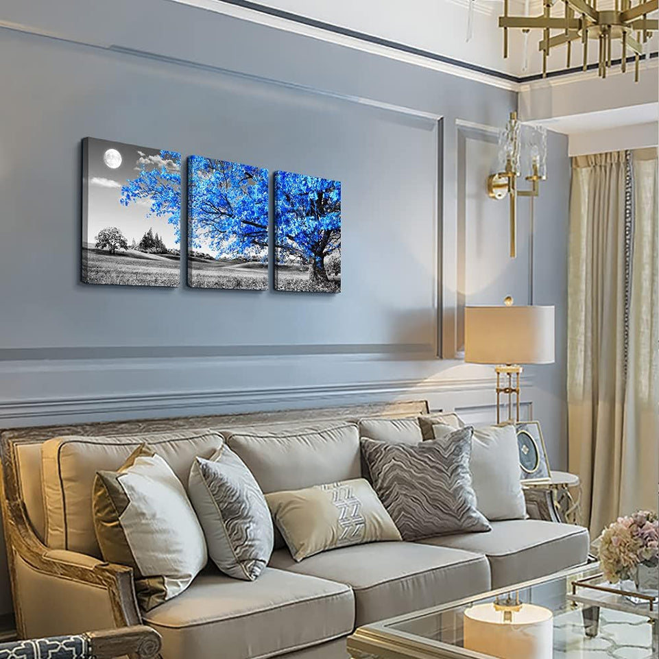 Wall Art For Living Room black and white Blue tree moon Canvas Wall Decor for Home artwork Painting 12" x 16" 3 Pieces Canvas Print For bedroom Decor Modern Salon kitchen office Hang a picture https://www.amazon.com/dp/B07DW1DLWF