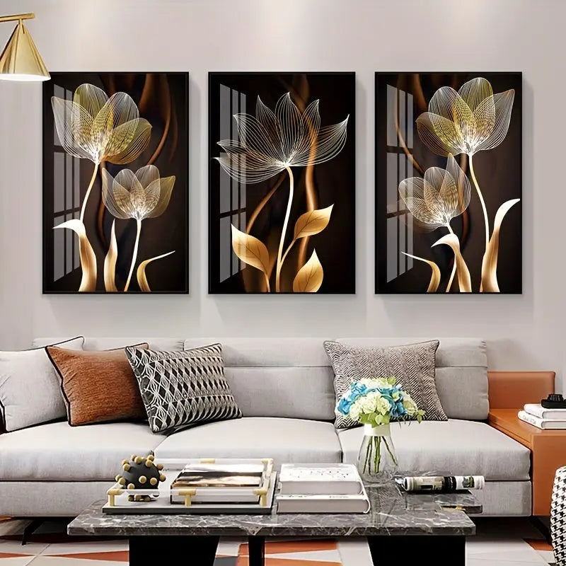 3pcs Unframed Poster, Black And Golden Flower Wall Art Canvas Painting For Living Room Decor - Modern Abstract Design, 15.7x23.6in/40x60cm June Wall Art