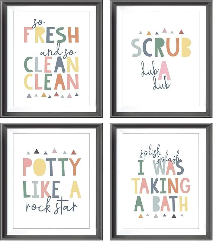 So Fresh and Clean Colorful Bathroom Art Poster Prints for Home Kid Washroom Restroom Nursery Toilet Laundry Decor,Funny Bathroom Rules Word Art Decorations Prints Wall Art Unframed 4pcs 8x10inches https://www.amazon.com/dp/B0BY6BBXTF