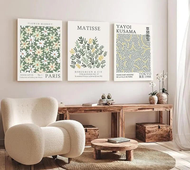 Induslyfe Framed Sage Green Vintage Wall Art Canvas Decor Set of 3, Matisse Wall Art Prints Posters Mid Century Modern Art, Aesthetic Floral Botanical wall art for bedroom, living room, bathroom 12x16 https://www.amazon.com/dp/B0CKY1V241