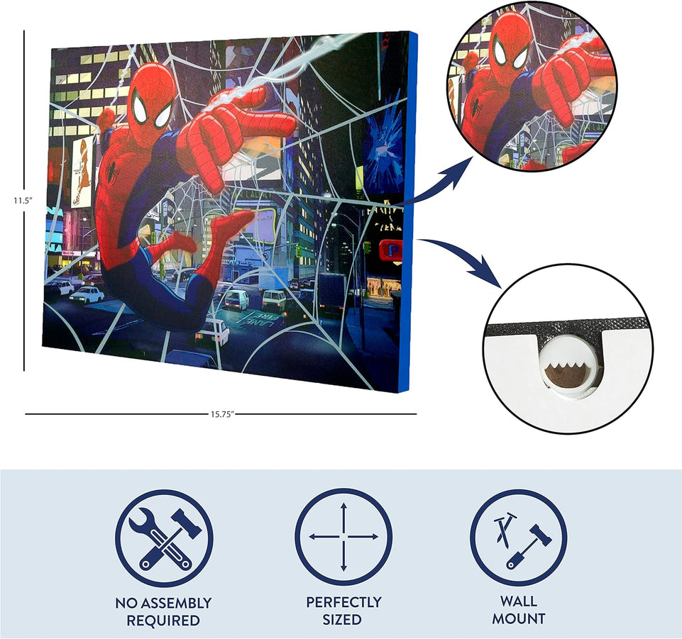 Idea Nuova Spider-Man LED Canvas Wall Art, Children's Home Décor, Bedroom, Spiderman / Blue, 11.50" x 15.75" https://www.amazon.com/dp/B017EPF34G
