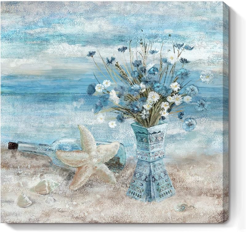 Bathroom Decor Wall Art Blue Beach Picture Ocean Theme Flower Canvas Print Modern Coastal Seascape Painting Framed Seaside Artwork Floral Daisy in Indian Vase for Home Sea Lake Bedroom 14x14inch https://www.amazon.com/dp/B08VH1FZV3