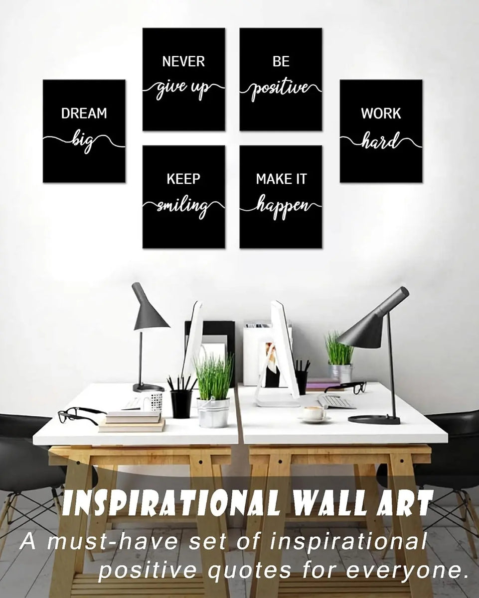 Drsoum Motivational Wall Decor Inspirational Office Wall Art Black Quotes Wall Art for Living Room Encouraging Canvas Posters for Office Bedroom Sayings for Wall Decor - 8” x10” x6 PCS (Framed) https://www.amazon.com/dp/B0C6LPVLRF
