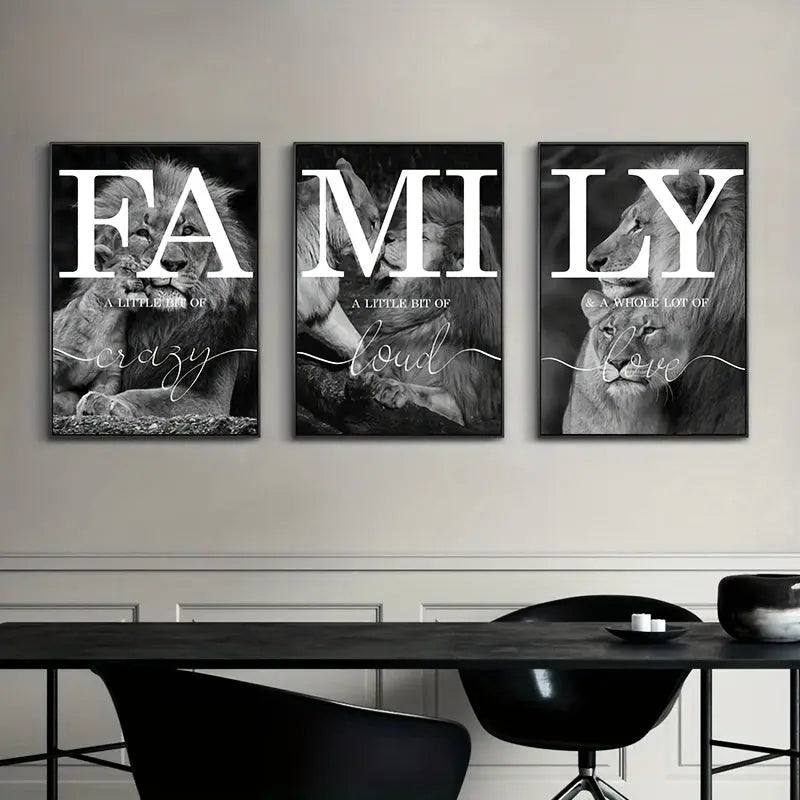 3pcs Unframed Black And White Lion Family Quote Home Signs Canvas Painting, Poster And Prints Animal Wall Art, Living Room Decoration Bedroom Home Decor Picture June Wall Art