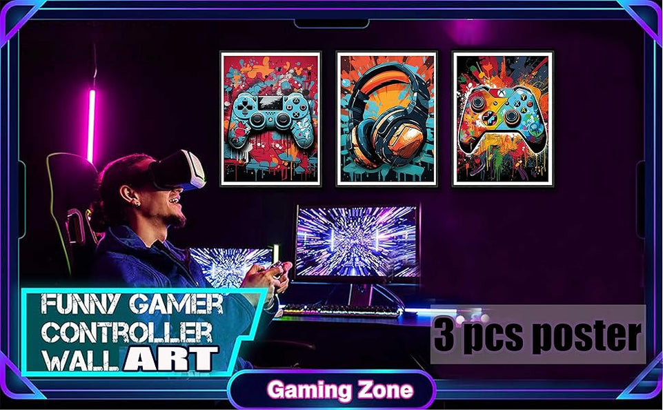 3Pcs Cool Gaming Wall Art Retro Video Game watercolor Posters Pictures Colorful Neon Gamepad Canvas Painting Prints for Boys Room Kids Game Room Bedroom for Boys Home Decoration 12x16in Unframed https://www.amazon.com/dp/B0CP7W91H7