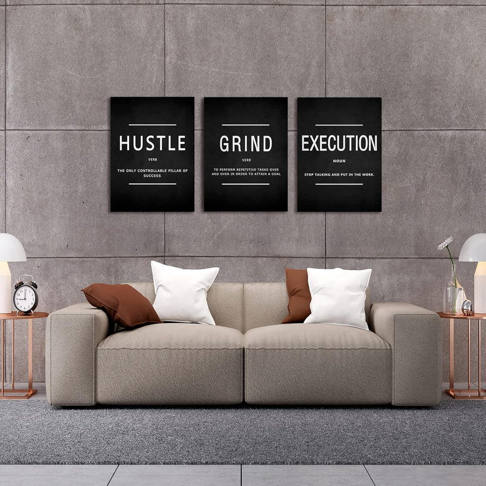 KAWAHONE Canvas Painting Wall Art, Grind Hustle Execution Motivational Wall Art Decoration Posters Prints for Living Room Bedroom, Office Decor, Gallery-Wrapped Canvas Art Set Framed Ready to Hang https://www.amazon.com/dp/B089XVKF61
