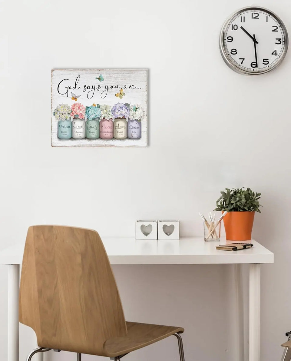 Inspirational Bible Verse Wall Art: God Says You Are Wall Sayings Flowers in Mason Jar Picture Print Christian Gift Quotes Poster for Women Girl Bedroom Decor 12" x 15" https://www.amazon.com/dp/B0C5R38HHX