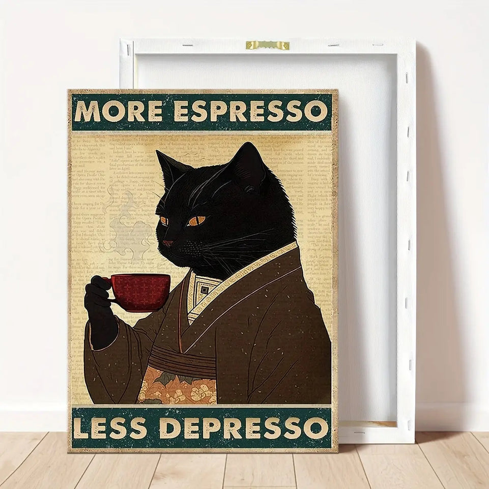 Whimsical Black Cat Coffee Poster - Ready-to-Hang Wall Art Canvas Painting with Framed - Unique Bar Club Pub Decoration Gift for Friends and Coffee Lovers - Humorous Artwork for Coffee Shops and Homes June Wall Art