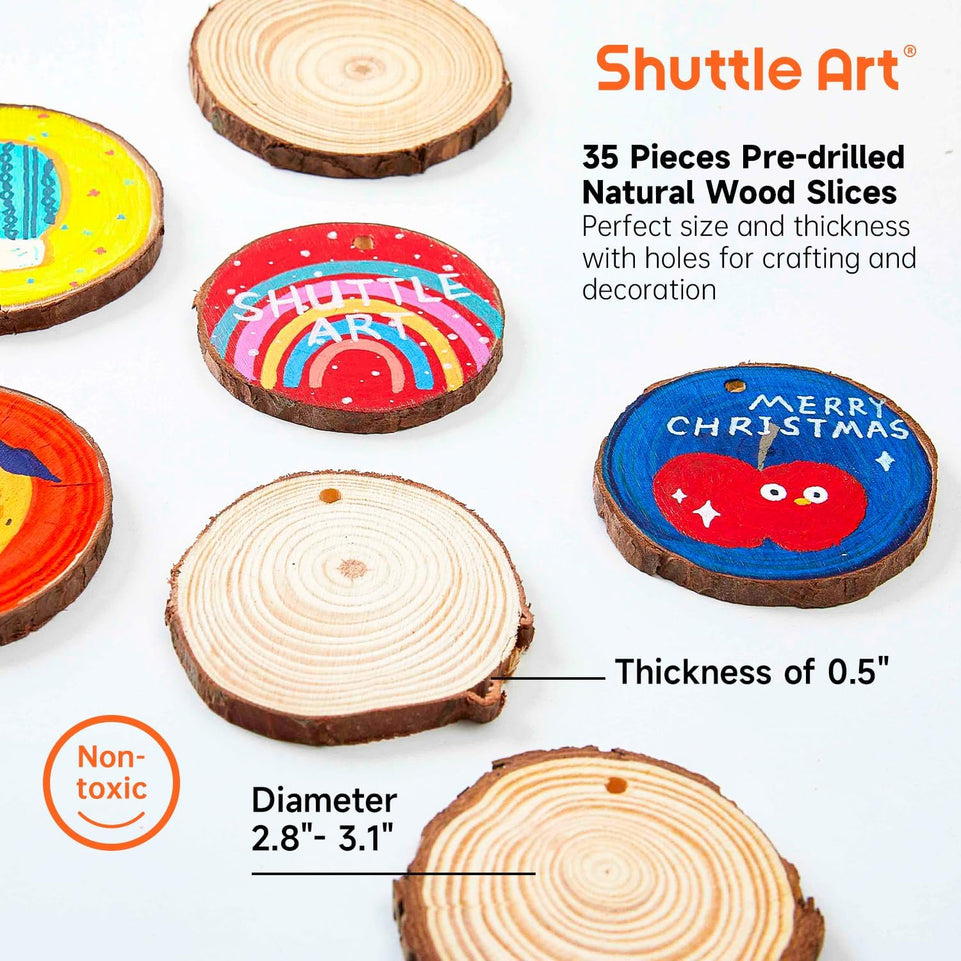 Wood Slices Kit, Shuttle Art 35 PCS Unfinished Natural Wood Slices with Pre-Drilled Hole, Acrylic Paint, Permanent Markers, Jute Twine, DIY Craft for Kids Adults Holiday Decoration Christmas Ornaments https://www.amazon.com/dp/B08FDGWSCW