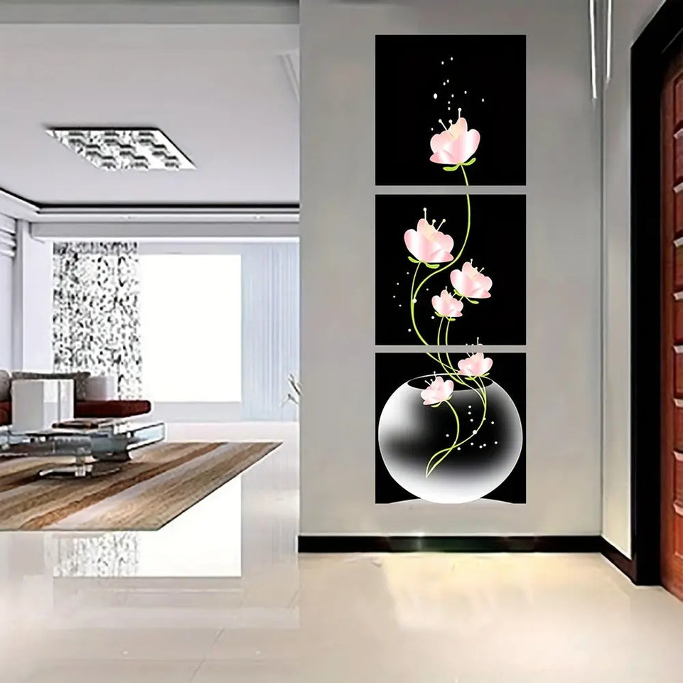 3pcs Elegant Pink Flower Canvas Prints Set - Frameless Square Wall Art with Sparkling Accents for Living Room & Entryway Decor, Machine-Printed on High-Quality Canvas, Elegant Wall Art|Minimalist Wall Art|Frameless Design, Ca June Wall Art