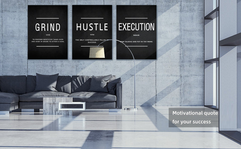 KAWAHONE Canvas Painting Wall Art, Grind Hustle Execution Motivational Wall Art Decoration Posters Prints for Living Room Bedroom, Office Decor, Gallery-Wrapped Canvas Art Set Framed Ready to Hang https://www.amazon.com/dp/B089XVKF61