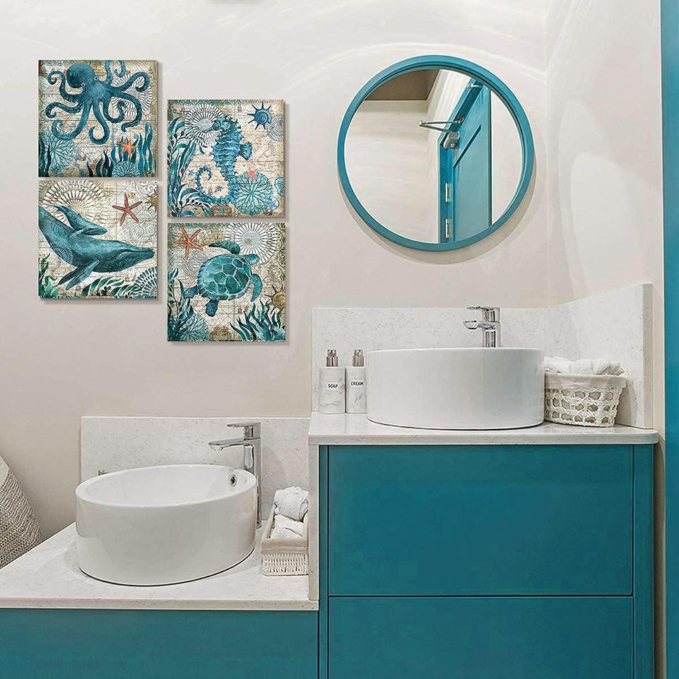 Bathroom Wall Art Beach Decor Ocean Sea Turtle Octopus Canvas Pictures Coastal Room Decor Teal Bathroom Accessories Vintage Whale Seahorse Poster Modern Nautical Painting Bedroom Home Decorations https://www.amazon.com/dp/B07HMJFDK3