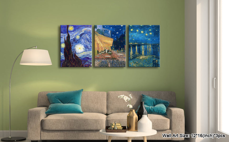 Wieco Art 3 Panels Canvas Prints of Vincent Van Gogh Paintings Reproduction Starry Night Over the Rhone Cafe Terrace at Night Canvas Wall Art for Living Room Home Office Decor https://www.amazon.com/dp/B0C33BG7JC