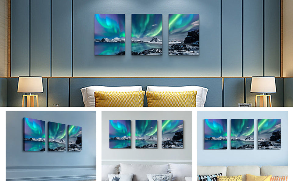 Farmhouse Canvas Wall Art For Bedroom Wall Decorations For Living Room Office Wall Decor Aurora Scenery Painting On Stretched And Framed Wall Pictures 3 Piece Ready To Hang For Bathroom Home Decor https://www.amazon.com/dp/B085RCGP4Q