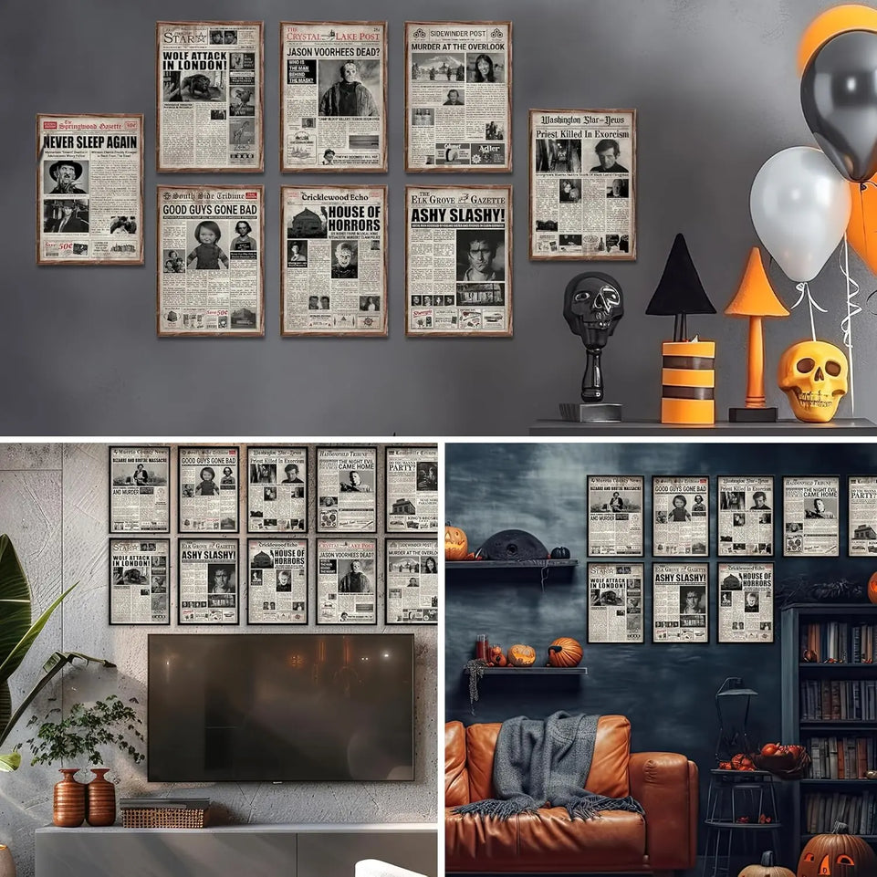12 Pcs Newspaper Horror Posters (8”x12”), Horror Decor, Halloween Scary Movie Posters Wall Art Decor, Creepy Perfect Retro Bedroom And Vintage, Jason Voorhees, Ashy Slashy - Unframed https://www.amazon.com/dp/B0D83RR9MC