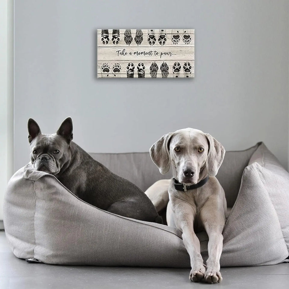 ARTINME Dog Lover Sign Wall Decor,Take A Moment to Paws sign Pet Paw Print Artwork Footprints Canvas Wall Art,Framed Animal prints Puppy Gifts for Front Door home decoration (Black) https://www.amazon.com/dp/B09FLQ57SP