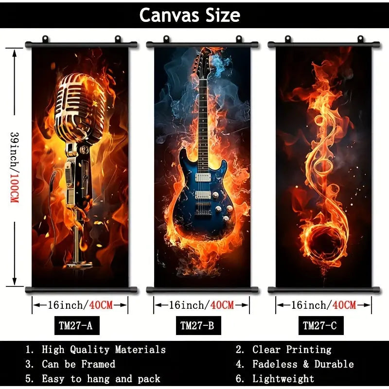 1pc Music Hanging Scrolls Painting, Flame Guitar Wall Art Poster, Artwork Wall Painting For Bathroom Bedroom Living Room Wall Decor, Home Decoration, Aesthetic Room Decor, 16inch * 39inch June Wall Art