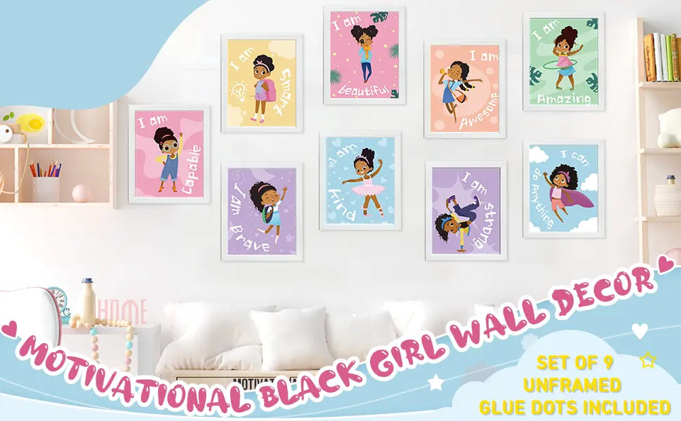 Outus 9 Pieces Black Girl Wall Decor for Girls Room Inspirational Quote African American Wall Art Motivational Saying Wall Decor for International Women's Day Girl Kids Bedroom Gift https://www.amazon.com/dp/B092MGT7DD