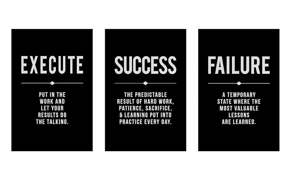 Framed Canvas Wall Art Success Quote For Office, Black Large Positive Motivational Poster, Set of 3, Execute Failure Definition, Inspirational Print (A-3pcs,12x16inchx3pcs) https://www.amazon.com/dp/B08CVF24C6