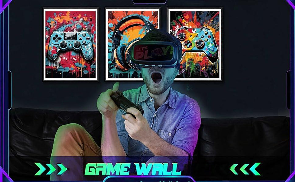 3Pcs Cool Gaming Wall Art Retro Video Game watercolor Posters Pictures Colorful Neon Gamepad Canvas Painting Prints for Boys Room Kids Game Room Bedroom for Boys Home Decoration 12x16in Unframed https://www.amazon.com/dp/B0CP7W91H7