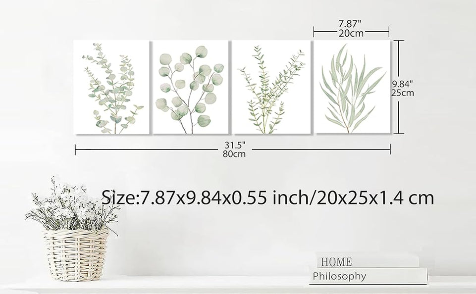 Erctoo Botanical Plant Canvas Wall Art, Framed Boho Wall Decor for Bathroom, Minimalist Aesthetic Bedroom Wall Art, Sage Green Eucalyptus Leaf Prints for Office, Set of 4PCS, 8”X10” https://www.amazon.com/dp/B0CFG2YPPX
