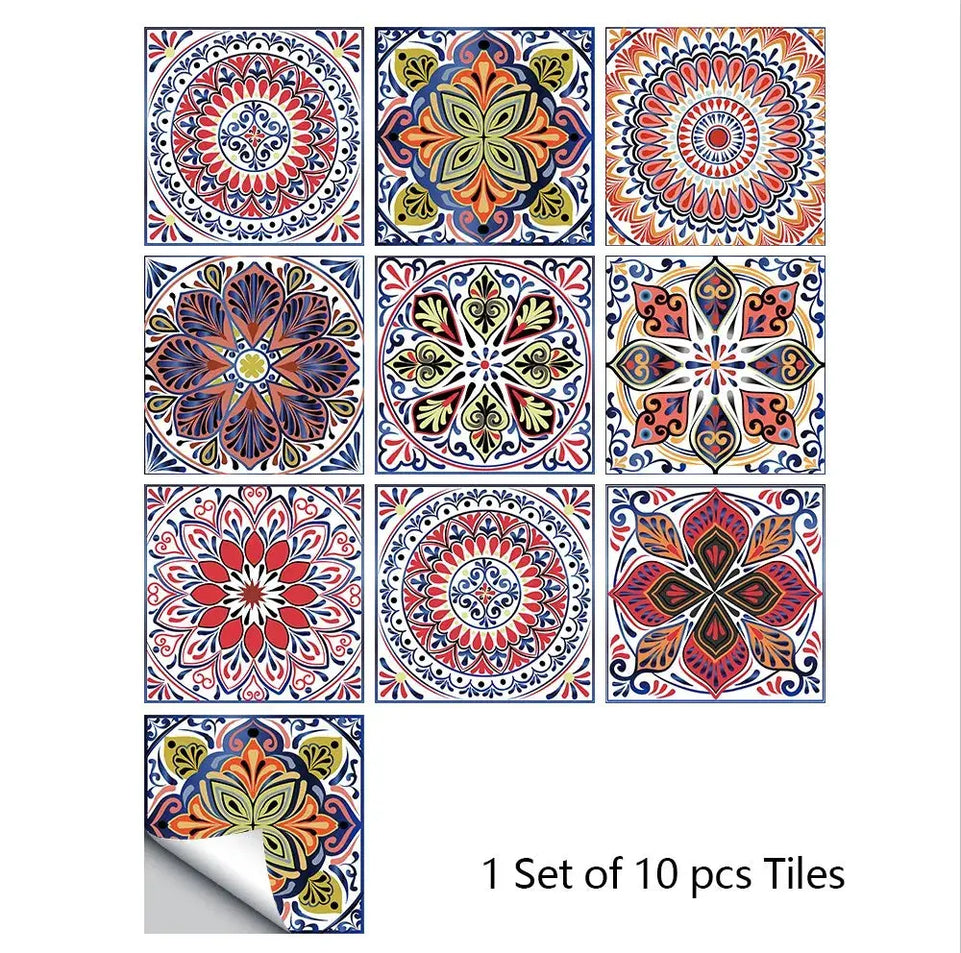 10pcs/set Mandala Style Crystal Hard Tiles Ceramics Wall Sticker Kitchen Wardrobe Home Decor Art Mural Peel & Stick Wall Decals June Wall Art