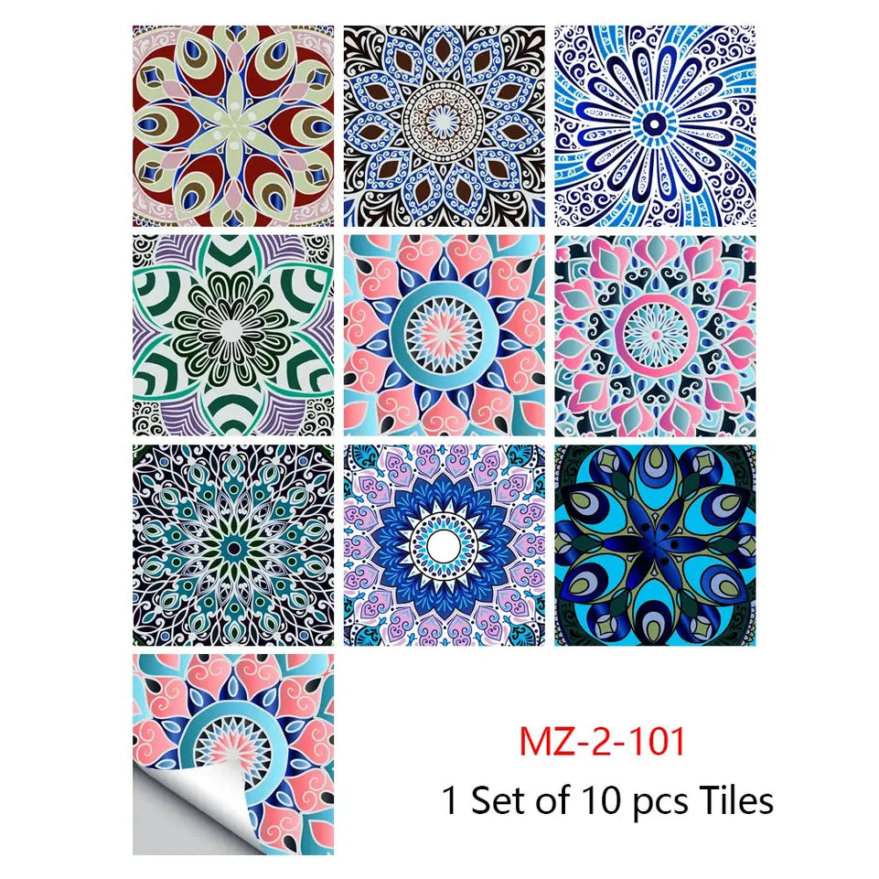 10pcs/set Mandala Style Crystal Hard Tiles Ceramics Wall Sticker Kitchen Wardrobe Home Decor Art Mural Peel & Stick Wall Decals June Wall Art