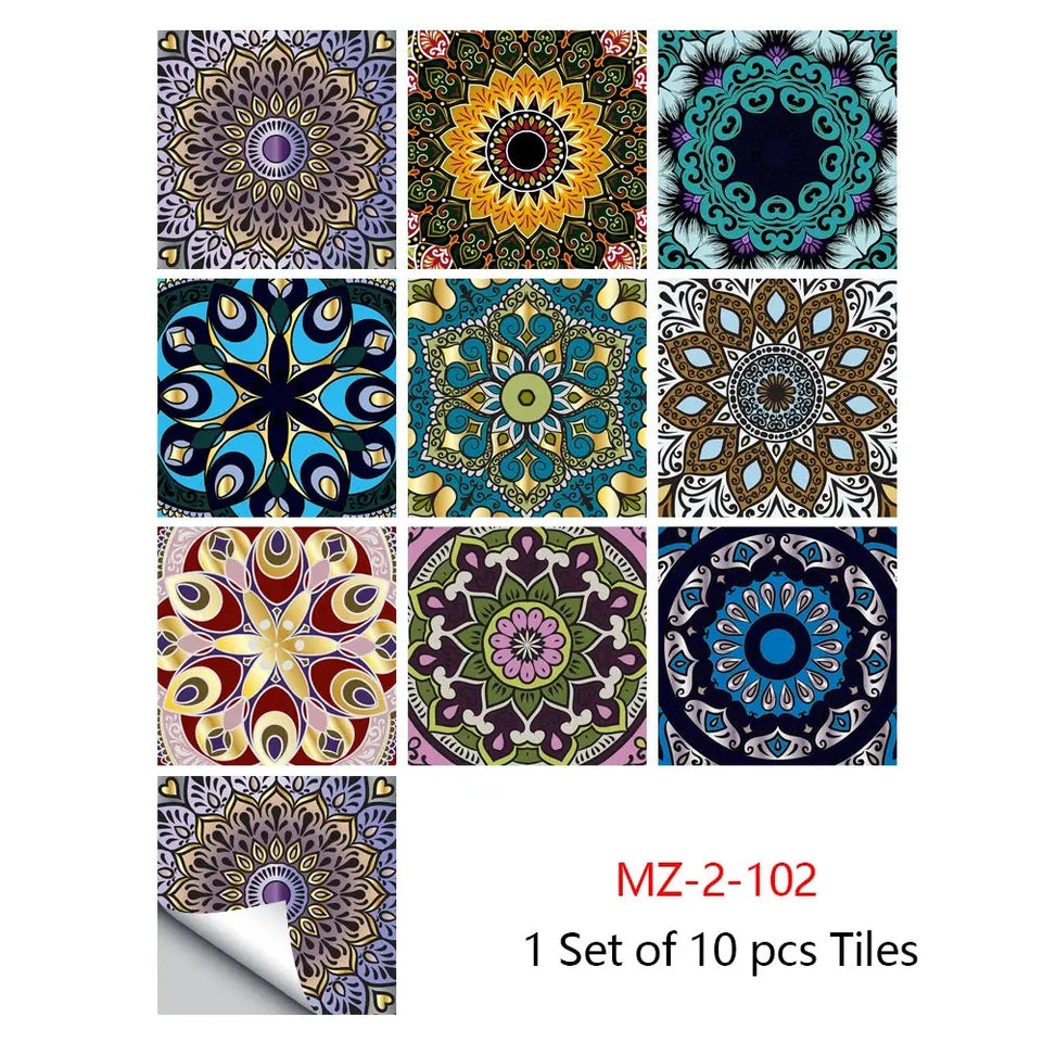 10pcs/set Mandala Style Crystal Hard Tiles Ceramics Wall Sticker Kitchen Wardrobe Home Decor Art Mural Peel & Stick Wall Decals June Wall Art