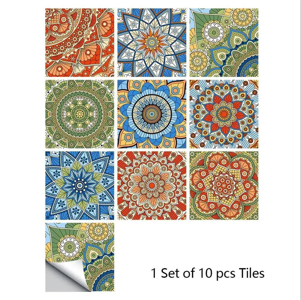 10pcs/set Mandala Style Crystal Hard Tiles Ceramics Wall Sticker Kitchen Wardrobe Home Decor Art Mural Peel & Stick Wall Decals June Wall Art