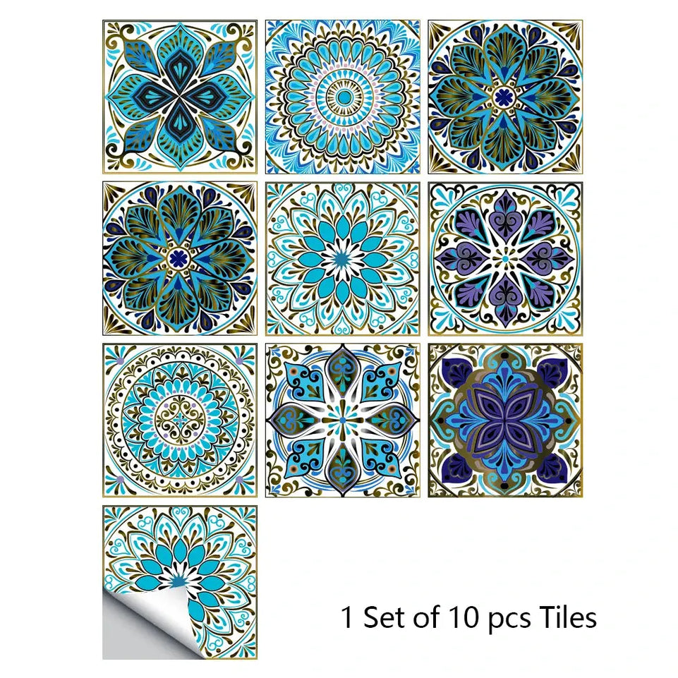 10pcs/set Mandala Style Crystal Hard Tiles Ceramics Wall Sticker Kitchen Wardrobe Home Decor Art Mural Peel & Stick Wall Decals June Wall Art