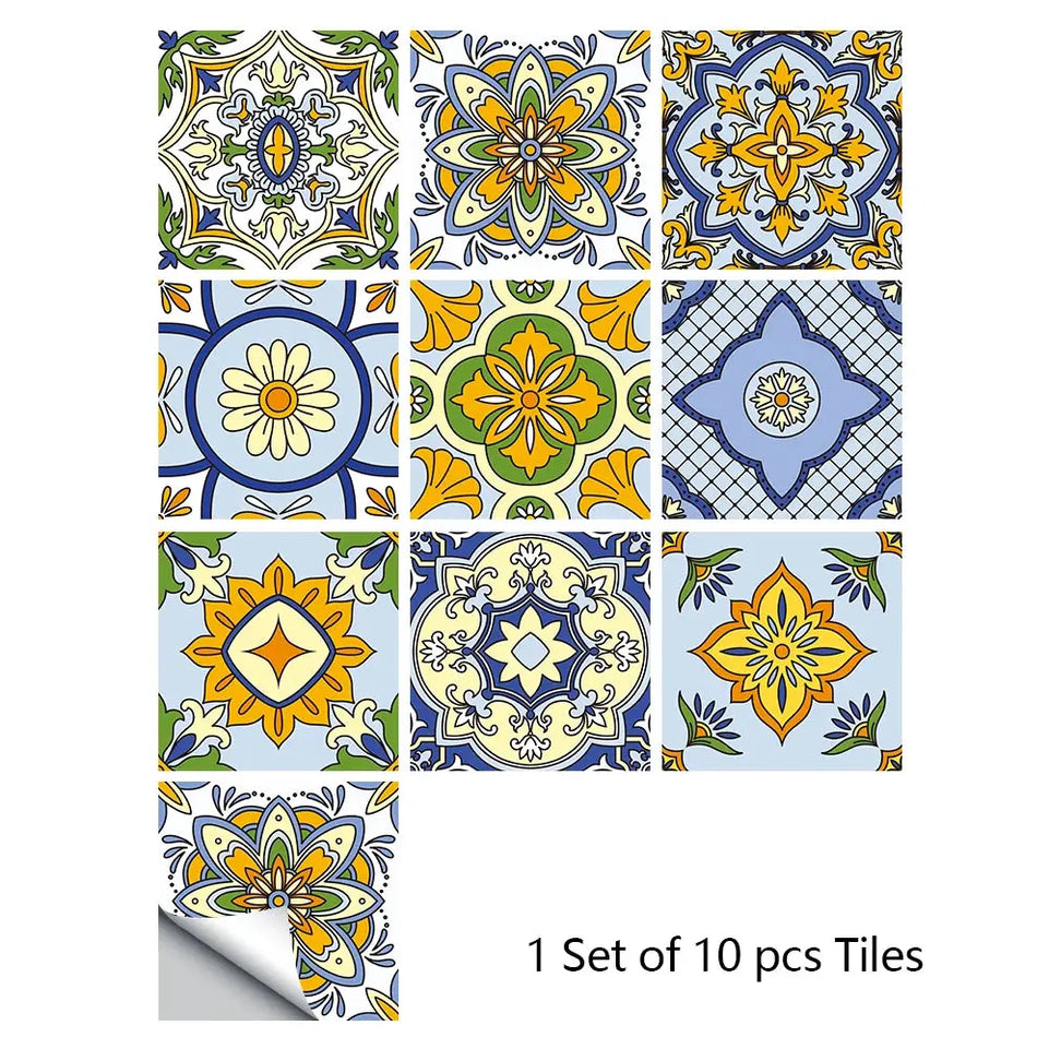 10pcs/set Mandala Style Crystal Hard Tiles Ceramics Wall Sticker Kitchen Wardrobe Home Decor Art Mural Peel & Stick Wall Decals June Wall Art