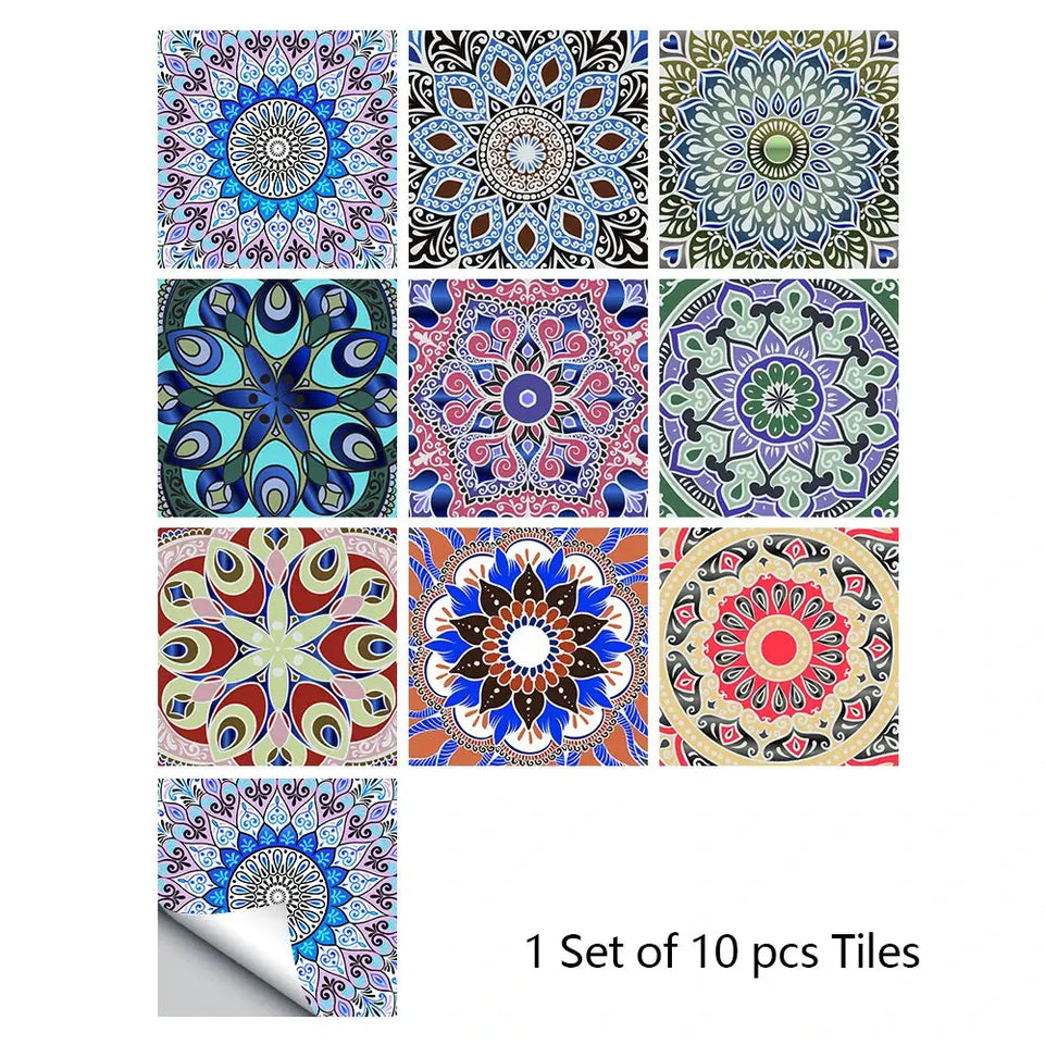 10pcs/set Mandala Style Crystal Hard Tiles Ceramics Wall Sticker Kitchen Wardrobe Home Decor Art Mural Peel & Stick Wall Decals June Wall Art