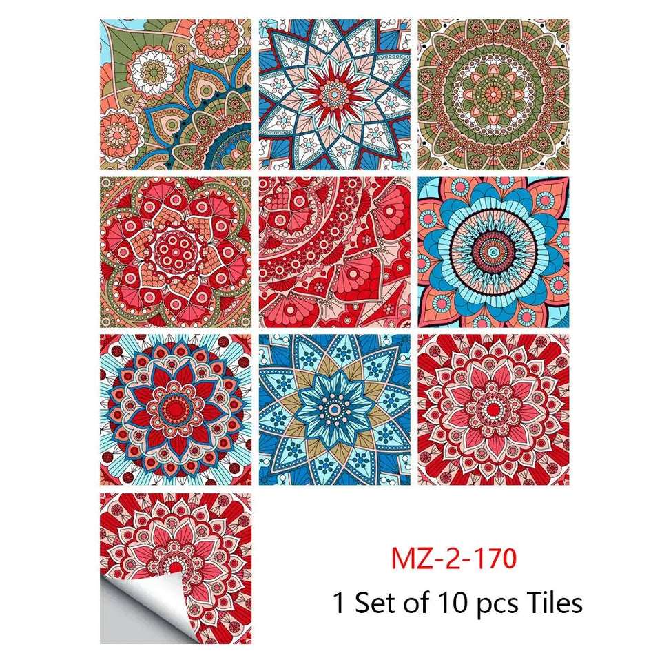 10pcs/set Mandala Style Crystal Hard Tiles Ceramics Wall Sticker Kitchen Wardrobe Home Decor Art Mural Peel & Stick Wall Decals June Wall Art