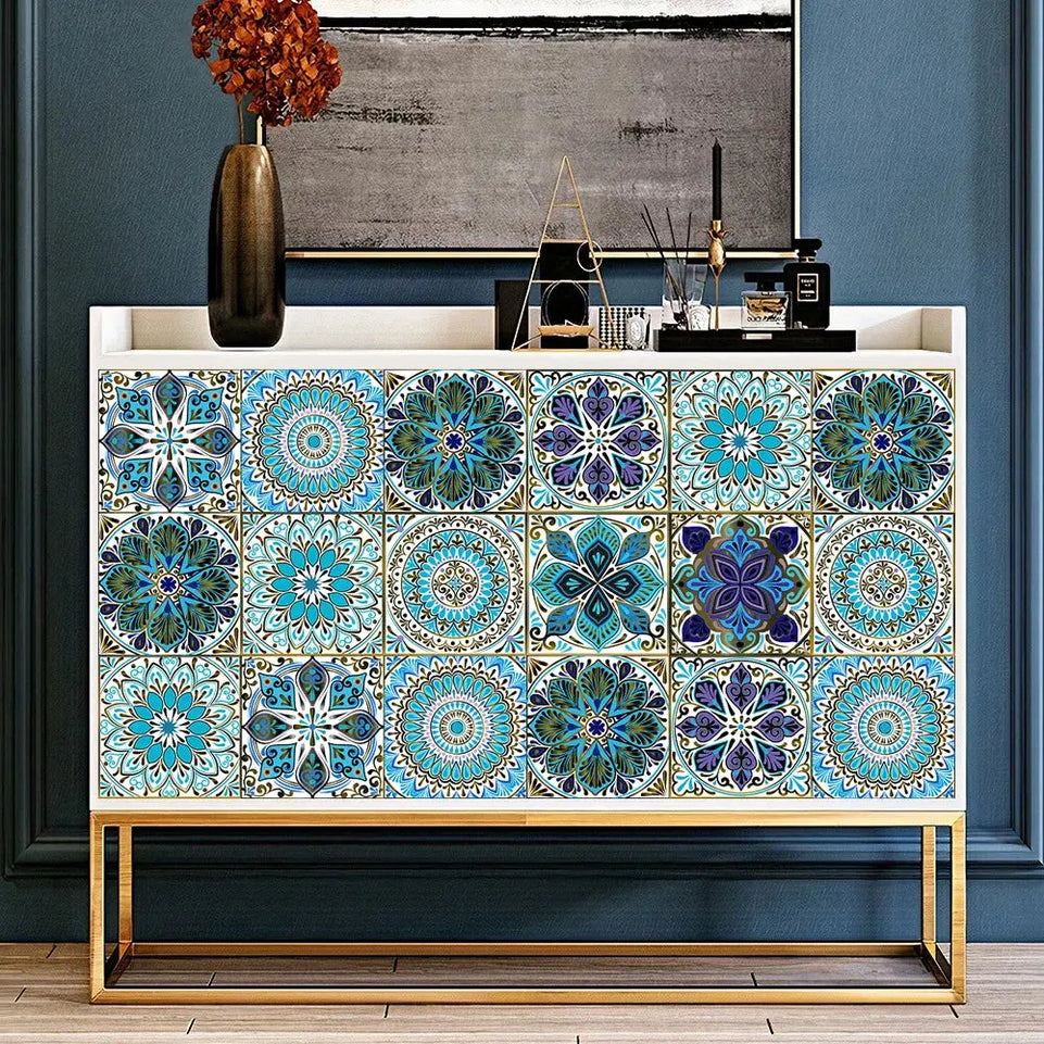 10pcs/set Mandala Style Crystal Hard Tiles Ceramics Wall Sticker Kitchen Wardrobe Home Decor Art Mural Peel & Stick Wall Decals June Wall Art