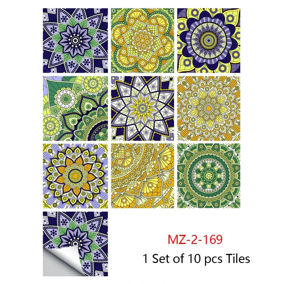 10pcs/set Mandala Style Crystal Hard Tiles Ceramics Wall Sticker Kitchen Wardrobe Home Decor Art Mural Peel & Stick Wall Decals June Wall Art