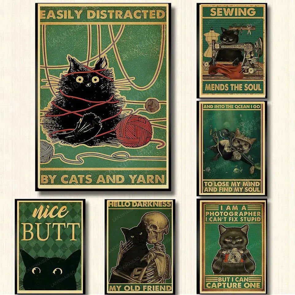 Cute Retro Mystery Black Cat Kraft Paper Poster Funny Butt Paper Bathroom Study Bar Cafe Art Collection Decorative Wall Sticker June Wall Art