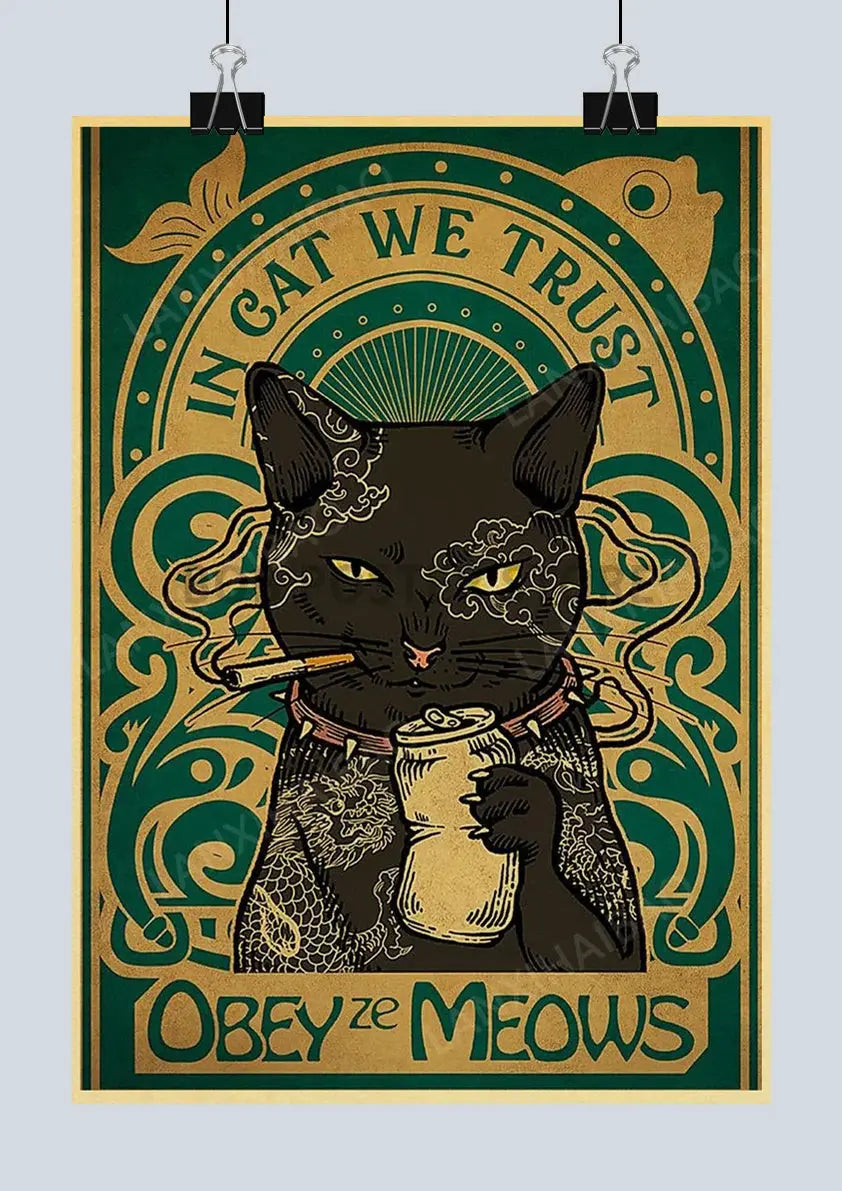 Cute Retro Mystery Black Cat Kraft Paper Poster Funny Butt Paper Bathroom Study Bar Cafe Art Collection Decorative Wall Sticker June Wall Art
