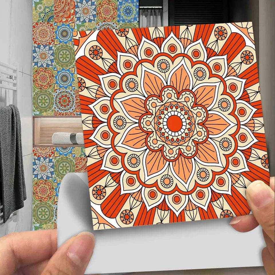 10pcs/set Mandala Style Crystal Hard Tiles Ceramics Wall Sticker Kitchen Wardrobe Home Decor Art Mural Peel & Stick Wall Decals June Wall Art