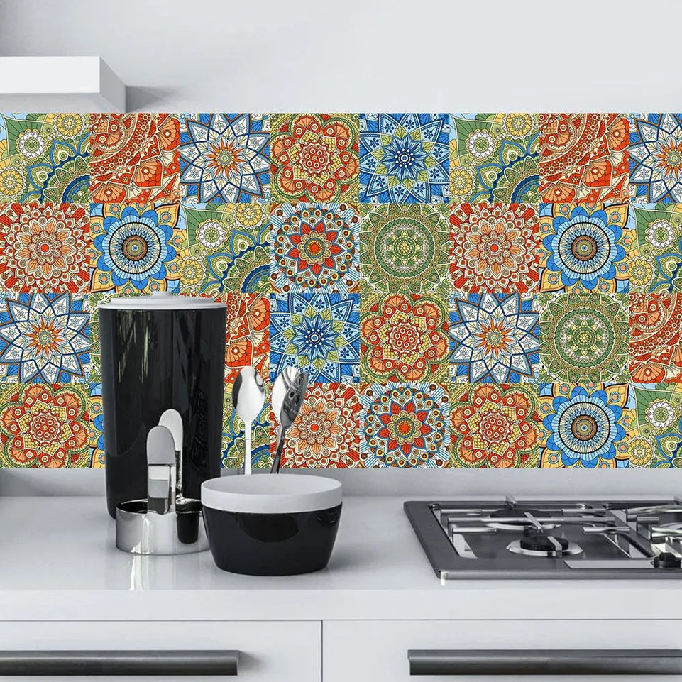 10pcs/set Mandala Style Crystal Hard Tiles Ceramics Wall Sticker Kitchen Wardrobe Home Decor Art Mural Peel & Stick Wall Decals June Wall Art