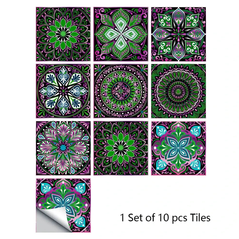 10pcs/set Mandala Style Crystal Hard Tiles Ceramics Wall Sticker Kitchen Wardrobe Home Decor Art Mural Peel & Stick Wall Decals June Wall Art