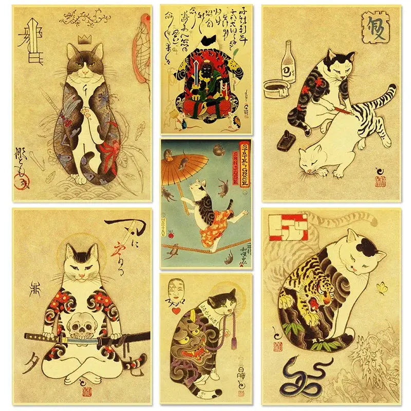 Hot Japanese Samurai Cat Ramen Nostalgia Poster Home Decor Art Decor Hight Quality Cartoon Painting Animal Poster Wall Stickers June Wall Art