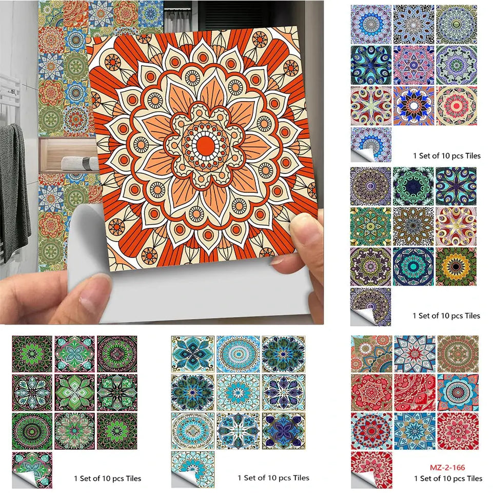 10pcs/set Mandala Style Crystal Hard Tiles Ceramics Wall Sticker Kitchen Wardrobe Home Decor Art Mural Peel & Stick Wall Decals June Wall Art