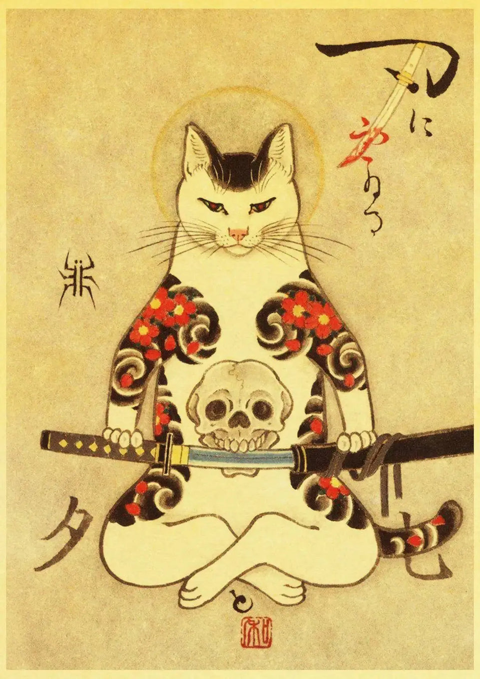 Hot Japanese Samurai Cat Ramen Nostalgia Poster Home Decor Art Decor Hight Quality Cartoon Painting Animal Poster Wall Stickers June Wall Art