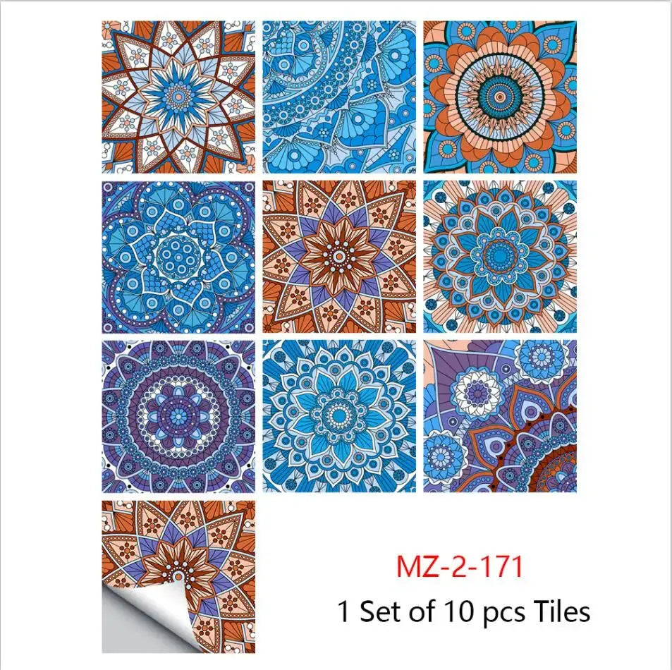 10pcs/set Mandala Style Crystal Hard Tiles Ceramics Wall Sticker Kitchen Wardrobe Home Decor Art Mural Peel & Stick Wall Decals June Wall Art